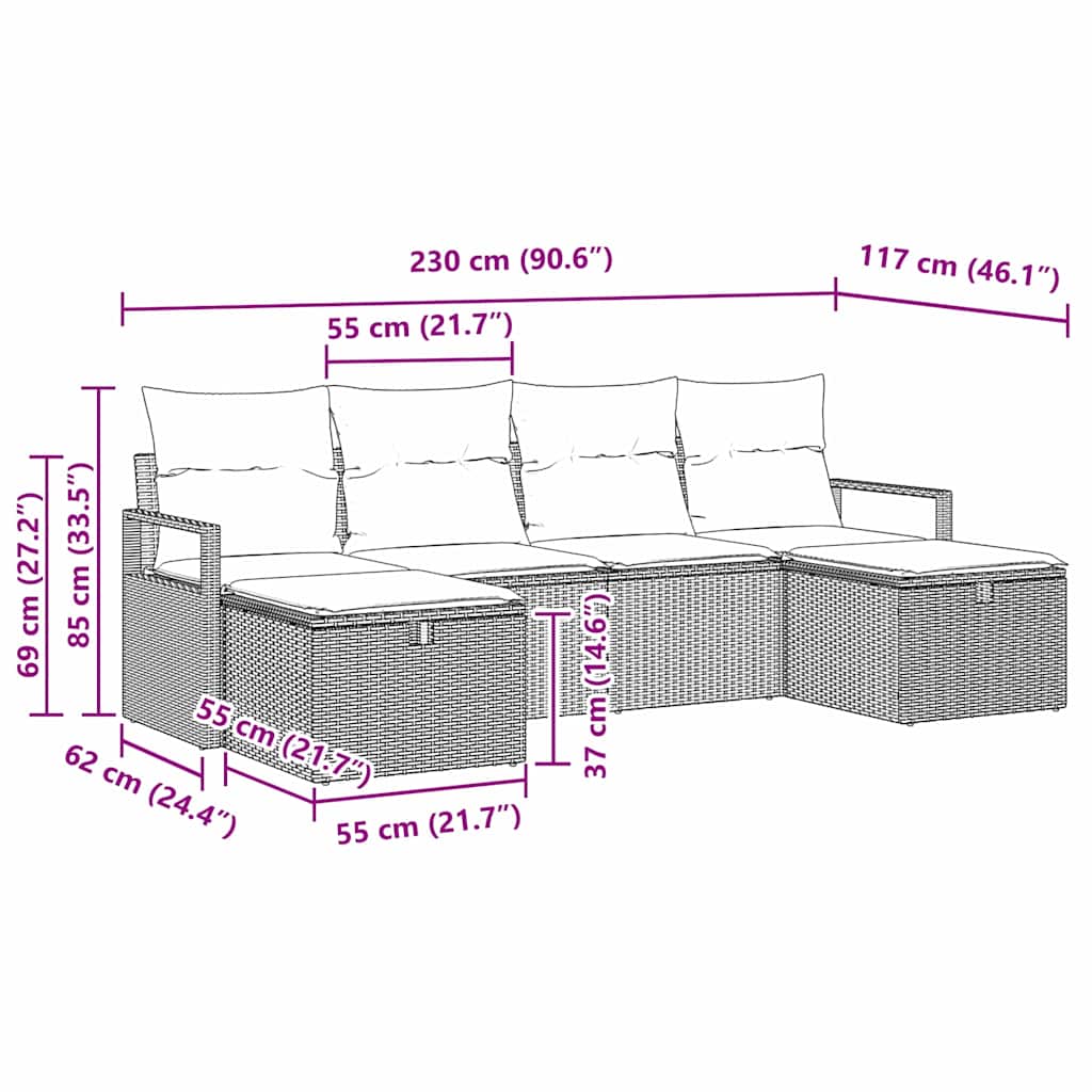 Garten-Sofa-Set 6 pcs Braun und Creme 230 x 117 x 85 cm